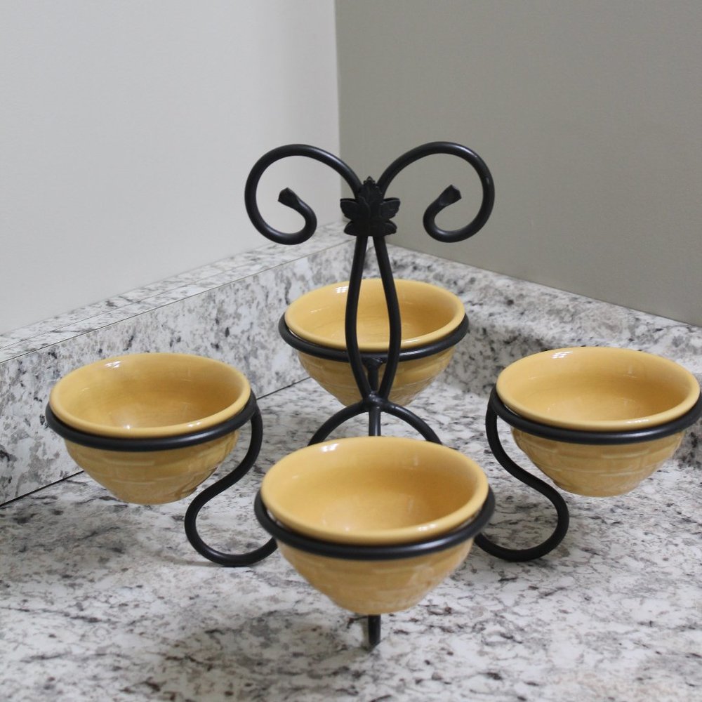 Longaberger Dessert Bowls with Wrought Iron Caddy Server Stand Butternut Yellow